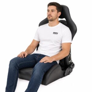Person seated in Cobra Misano Anniversary Reclining Office Seat (part MSL-30-1) showing real-world seat size and fit – GSM Performance