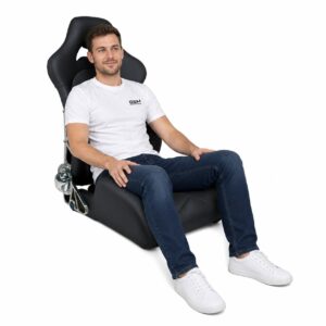 Person seated in Cobra Misano Lux Reclining Office Seat showing real-world seat size and fit – GSM Performance