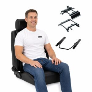 Person seated in Cobra Stuttgart Vinyl Seat Land Rover Package showing real-world seat size and fit – GSM Performance