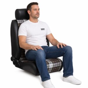 Person seated in Cobra Stuttgart Vinyl Tartan Edition Reclining Office Seat (part COB-STUTT-TAR-1) showing real-world seat size and fit – GSM Performance