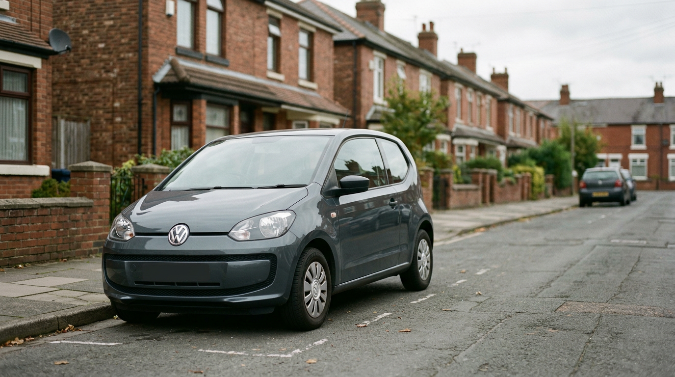 A dark grey Volkswagen Up three door city car parked on a quiet British residential street
