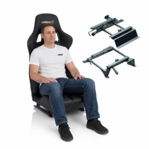 Person seated in Corbeau Sportline Boss Evo 2 Land Rover Defender Seat (part CORB-EVO-LR) showing real-world seat size and fit – GSM Performance