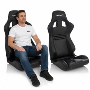 Person seated in Corbeau Sportline Boss Evo 2 Reclining Sport Seat – Pair (part EVO2-30) showing real-world seat size and fit – GSM Performance