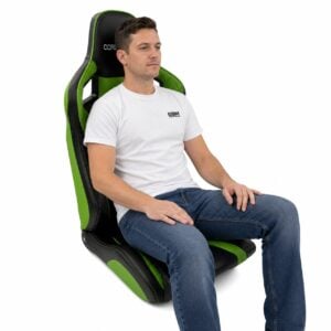 Person seated in Corbeau Sportline RRS Elite Reclining Sport Seat (part RRS-Elite) showing real-world seat size and fit – GSM Performance