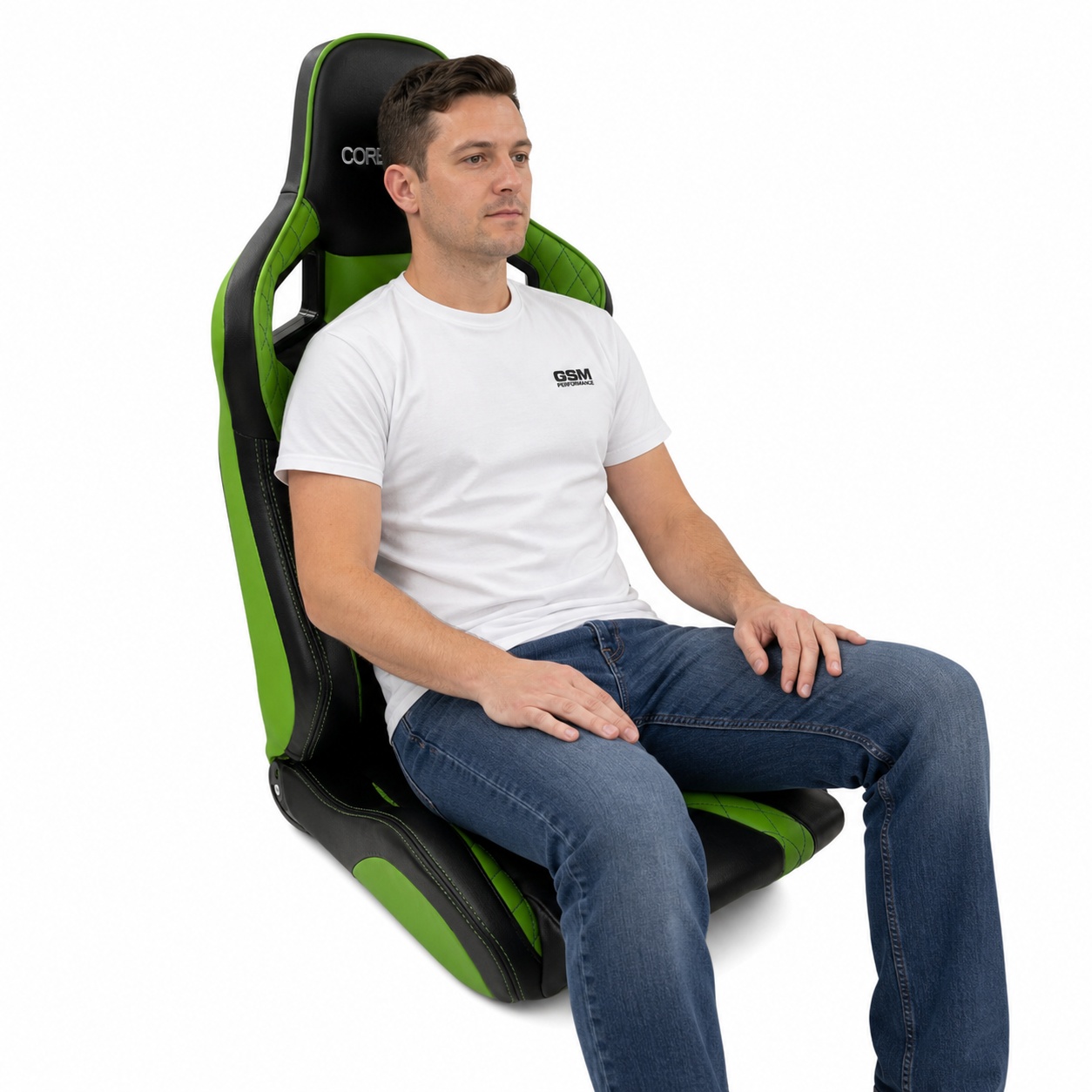 Person seated in Corbeau Sportline RRS Leather Elite Reclining Sport Seat (part RRS-Elite-Leather) showing real-world seat size and fit – GSM Performance