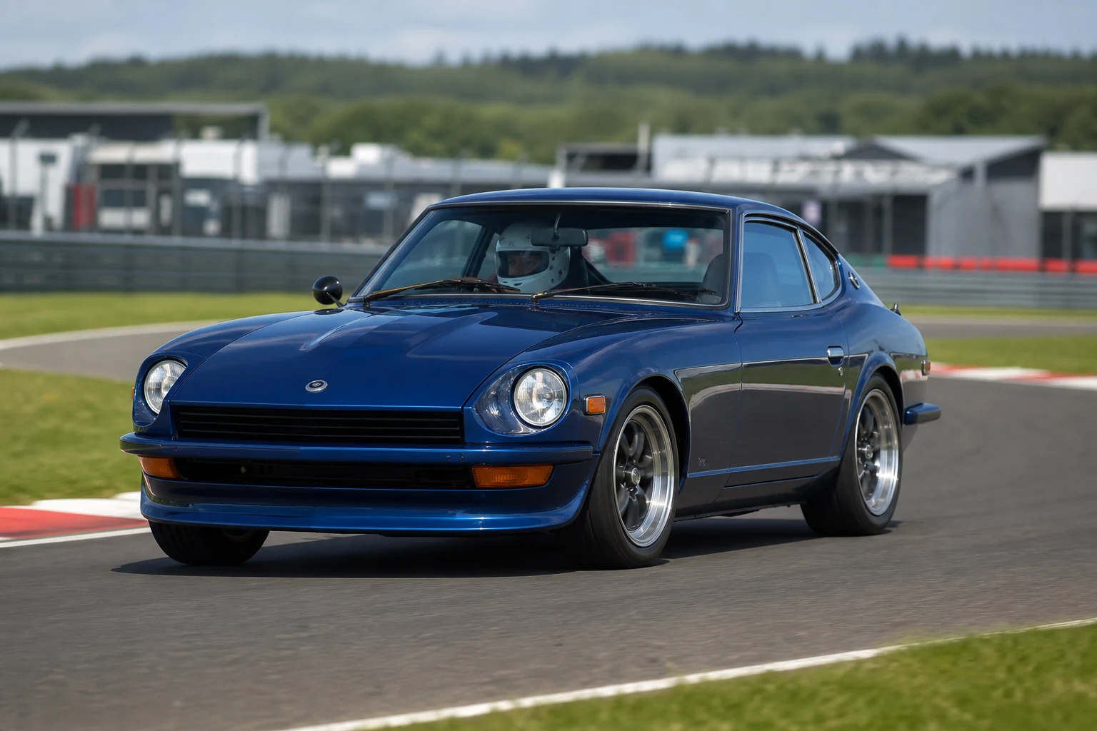 Datsun 240Z on track with a helmeted driver