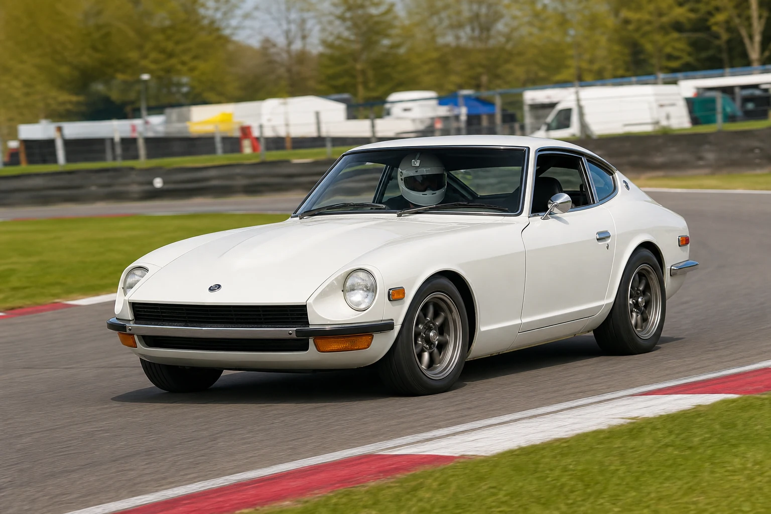 Datsun 260Z on track with a helmeted driver