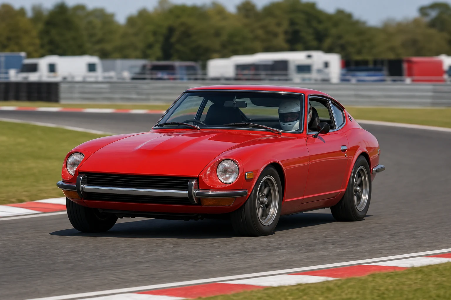 Datsun 280Z on track with a helmeted driver