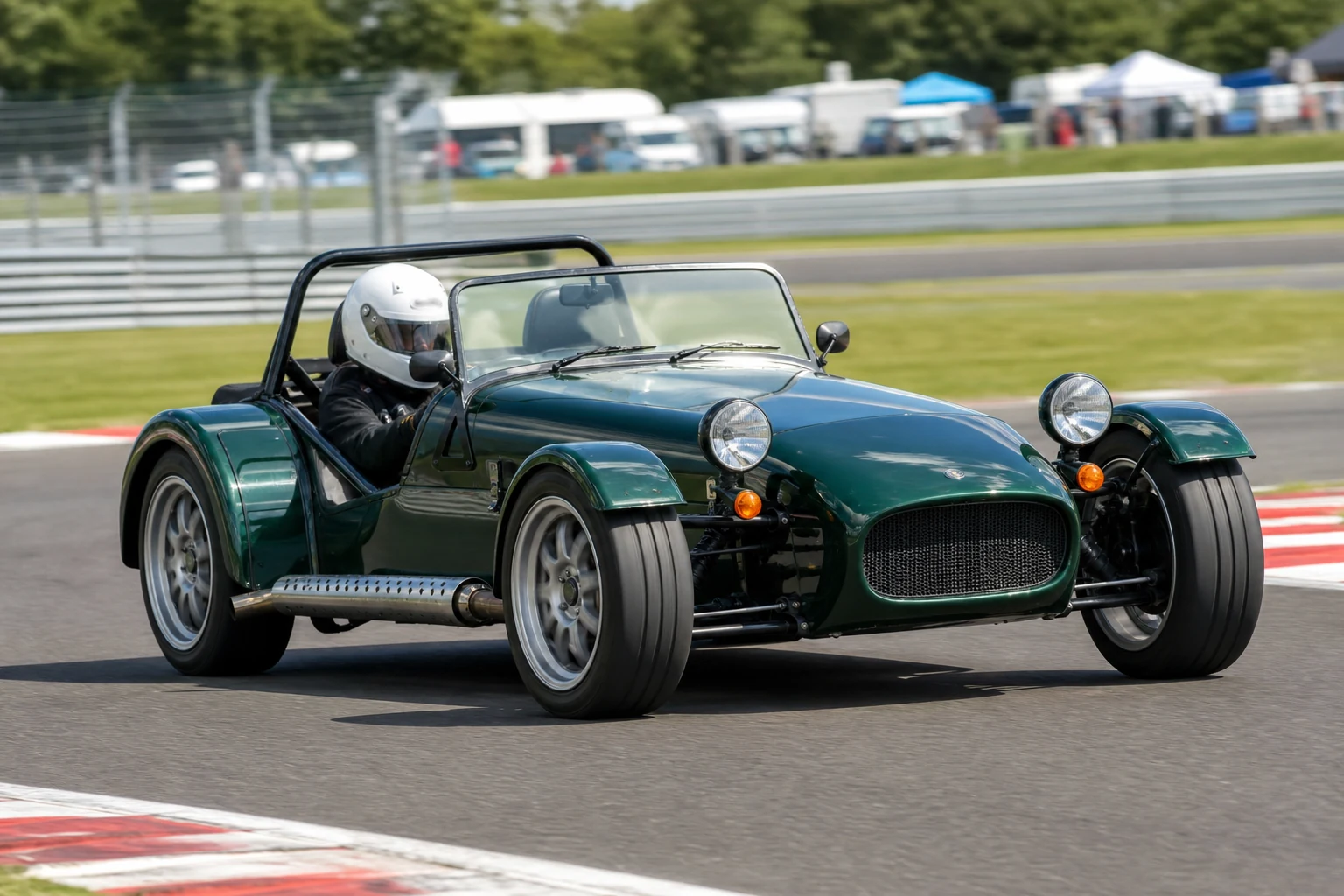 Dax Rush on track with a helmeted driver