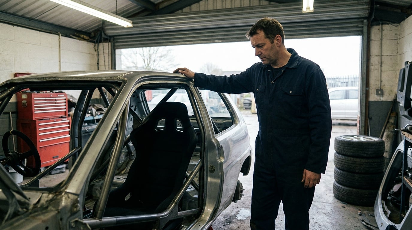 A man in navy workwear beside a stripped-out rally shell with a roll cage and one fixed-back bucket seat fitted