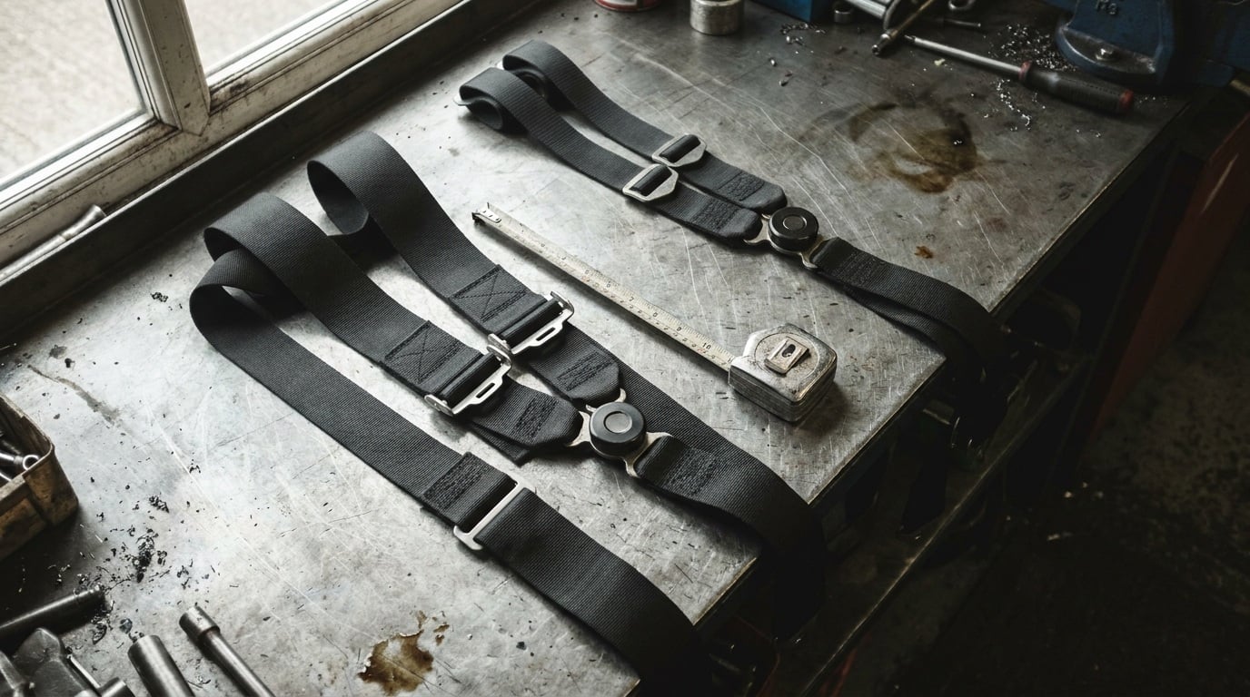 Two black racing harnesses laid side by side on a workbench with a tape measure across the shoulder webbing