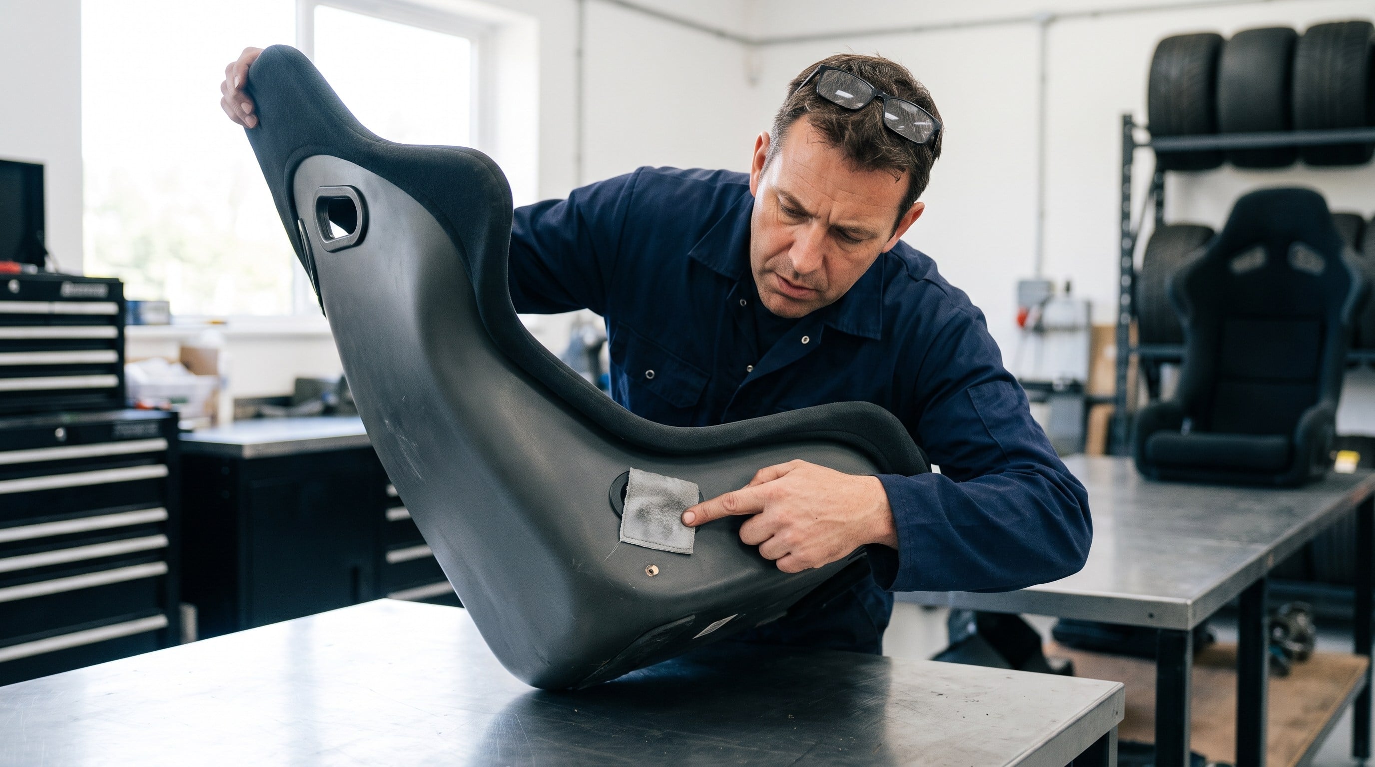 A technician in a workshop tilting a dark fibreglass bucket seat on a bench and pointing at the small homologation label on the side of the shell