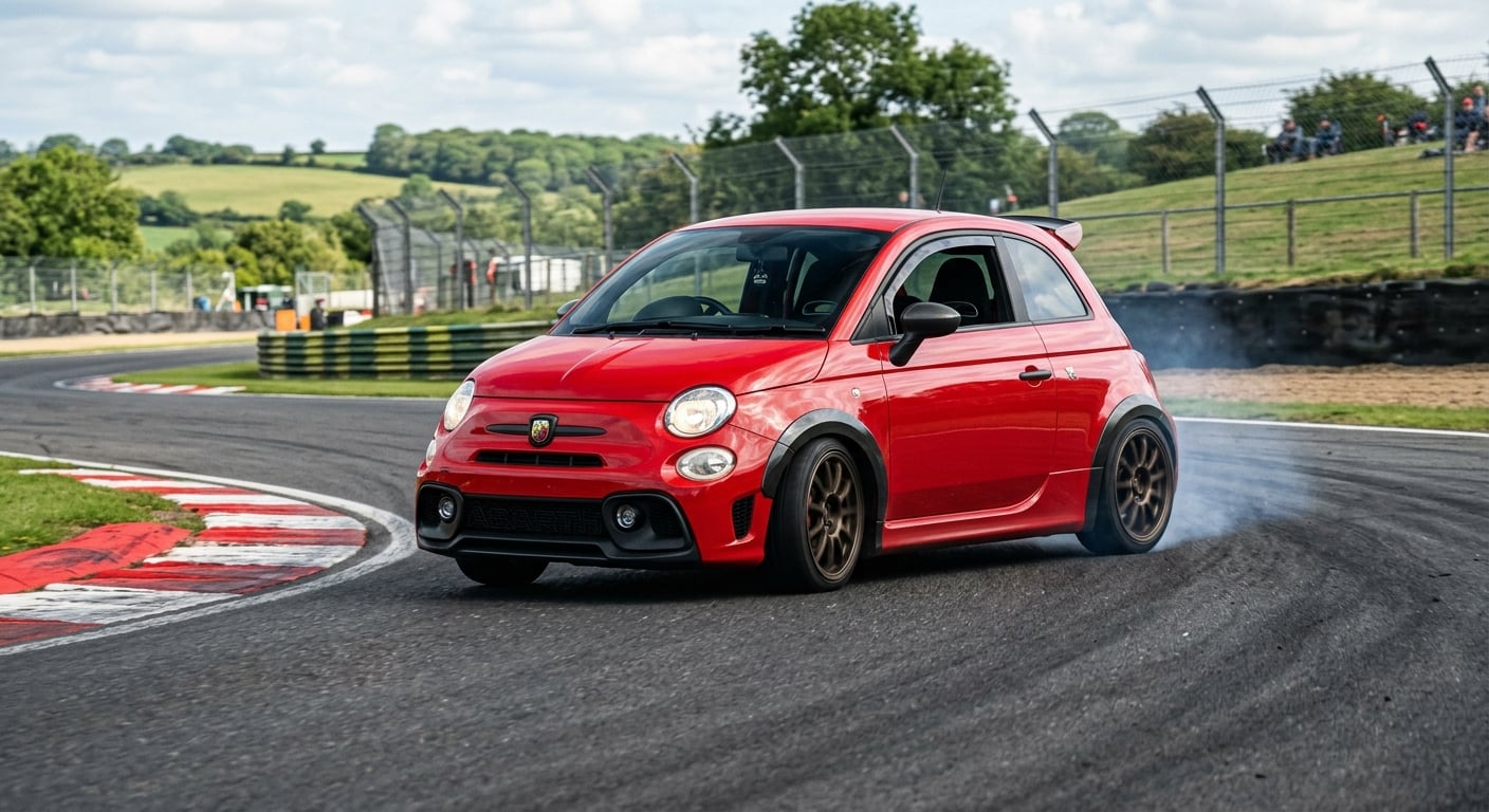 Red Fiat Abarth 500 lightly modified cornering on a British race circuit