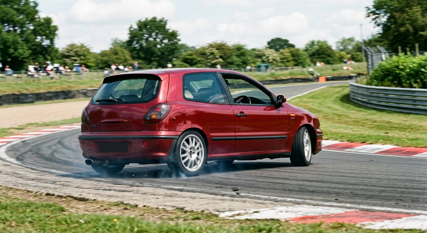 Red Fiat Bravo HGT cornering on a British race circuit