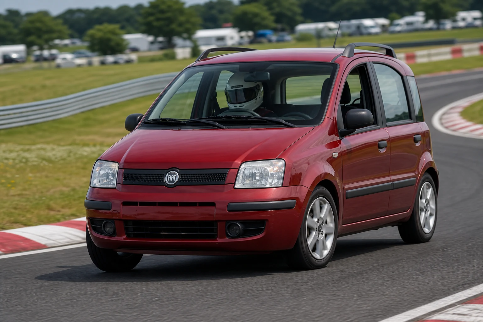 Fiat Panda Mk2 on track with a helmeted driver