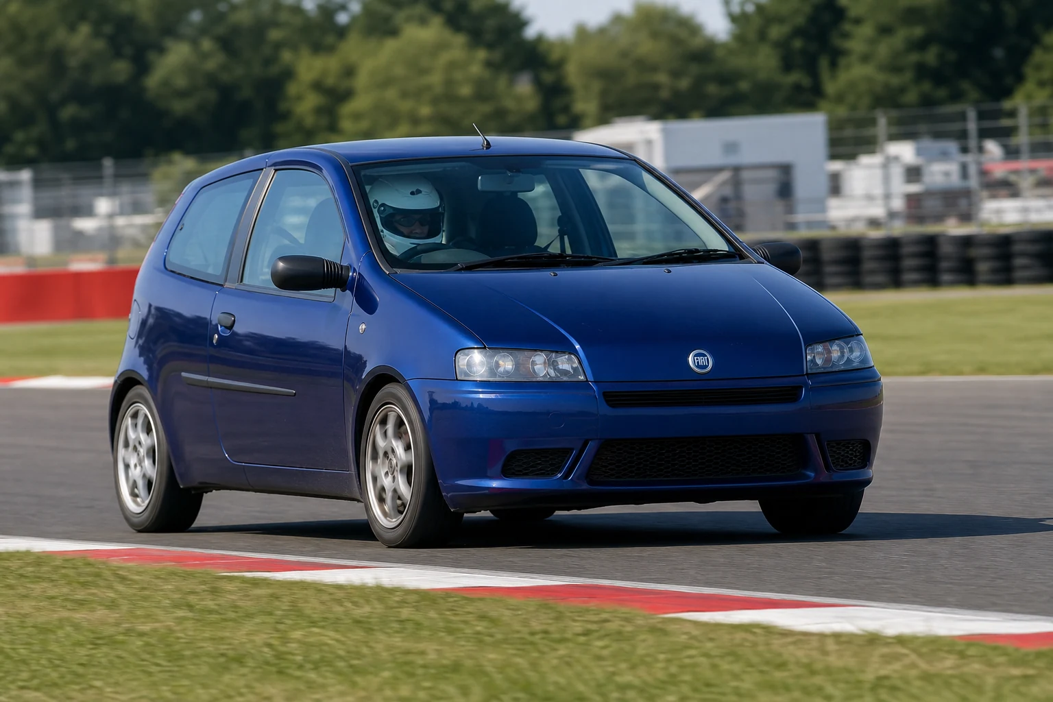 Fiat Punto Mk2 on track with a helmeted driver
