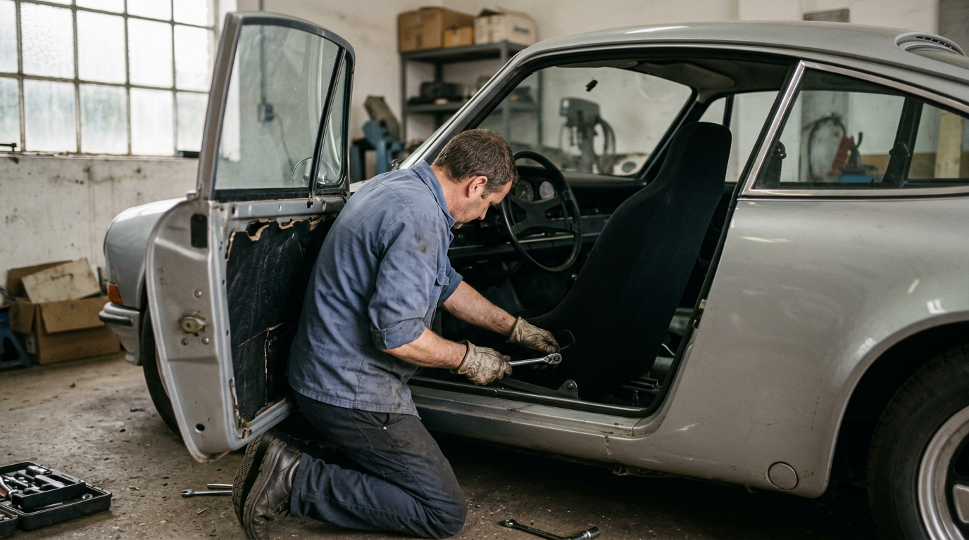 Kneeling beside a silver classic sports car, bolting a plain black bucket seat to its floor rails with a socket wrench