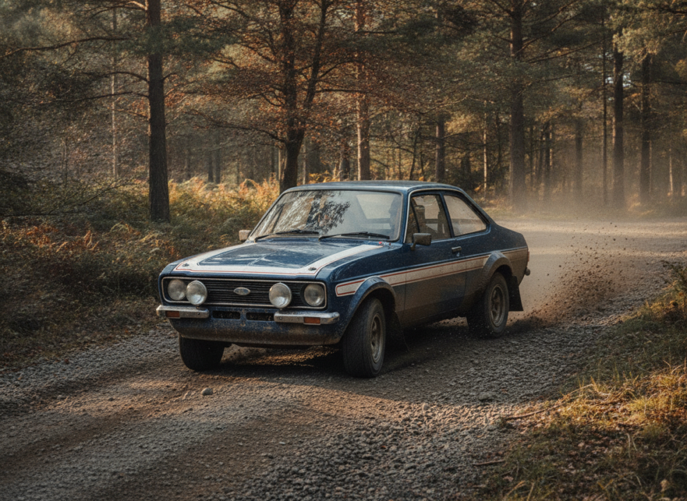 A Ford Escort Mk2 rally car on a loose gravel British forest rally stage, whole car in frame