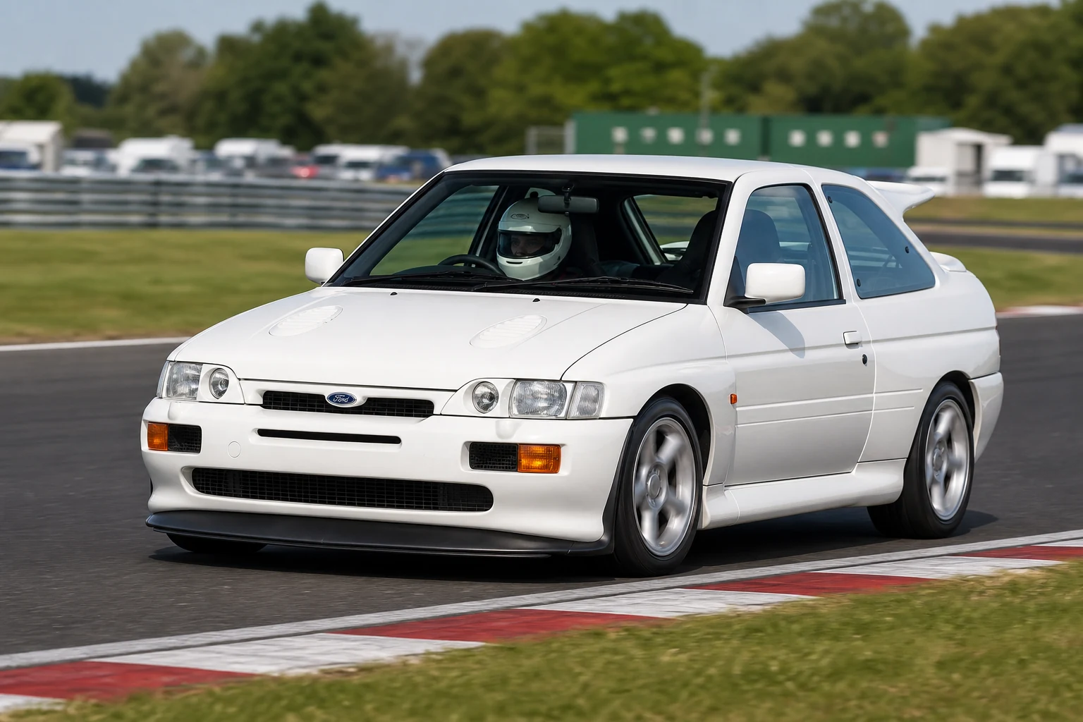 Ford Escort RS Cosworth on track with a helmeted driver