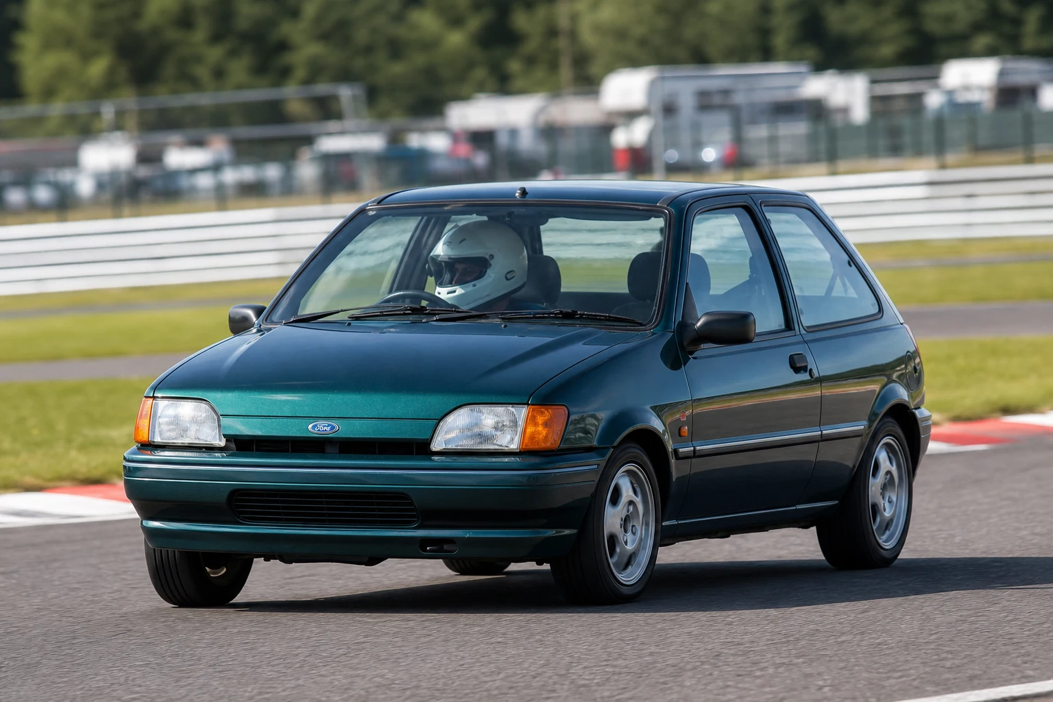 Ford Fiesta MK3 on track with a helmeted driver