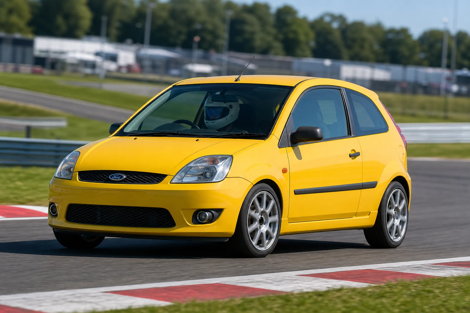 Ford Fiesta Mk6 on track with a helmeted driver