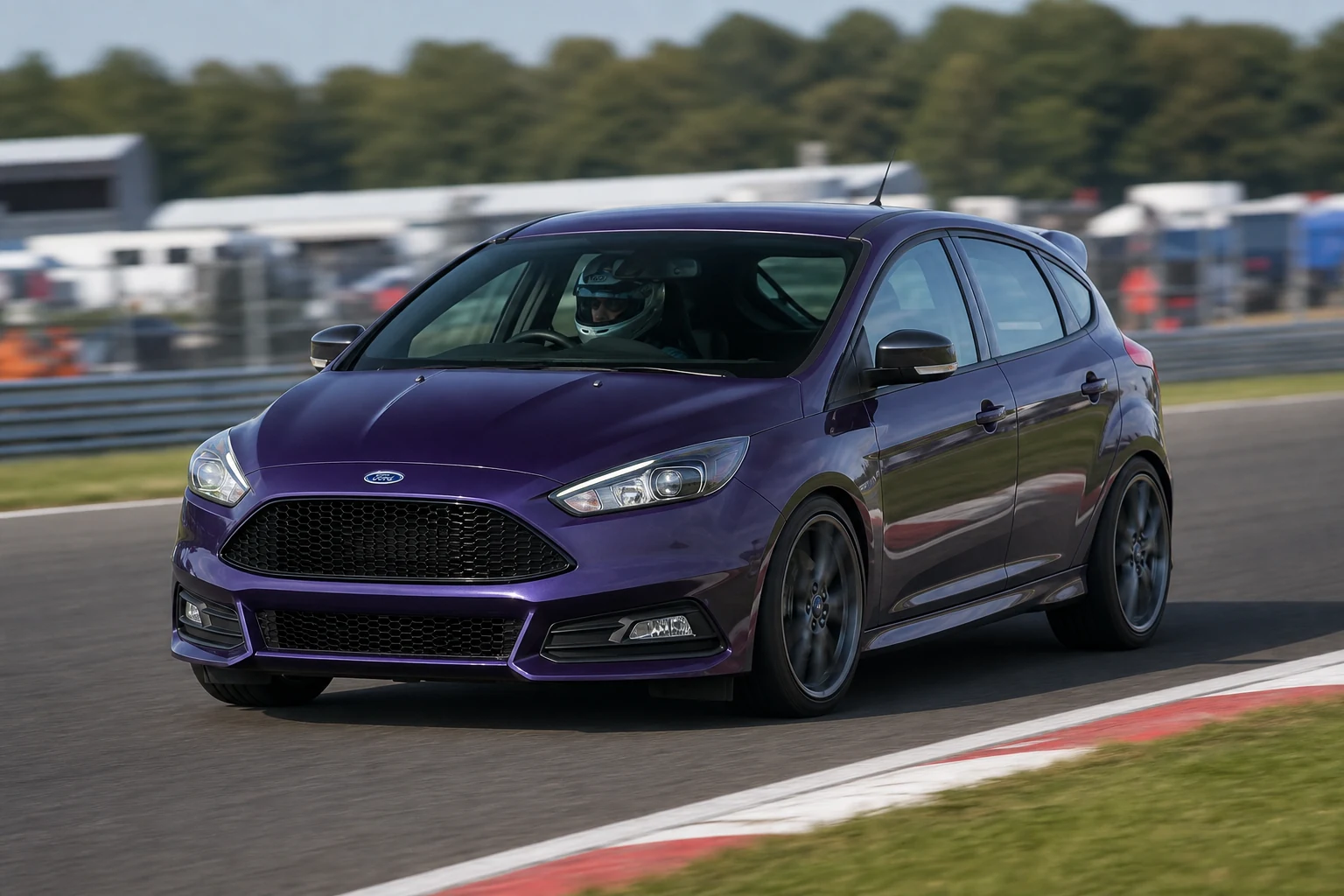 Ford Focus MK3 on track with a helmeted driver