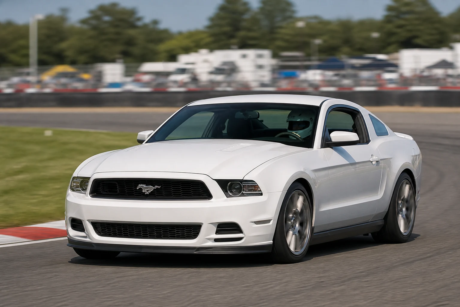 Ford Mustang (Fifth Gen) on track with a helmeted driver
