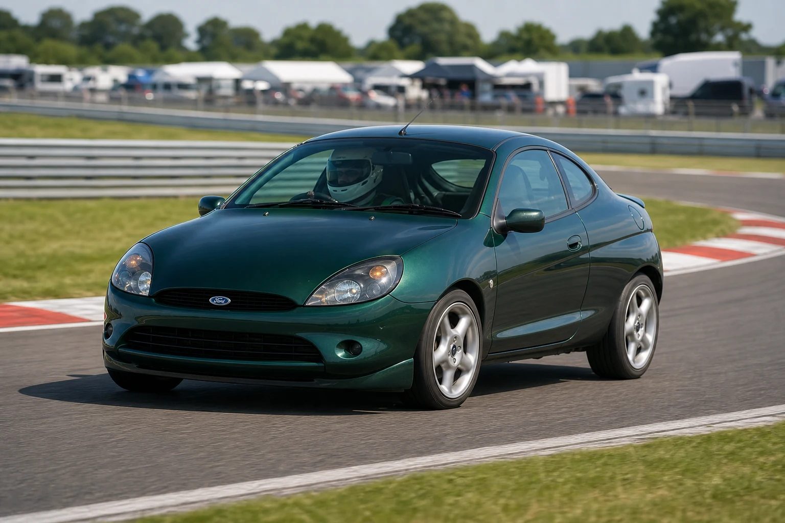 Ford Puma on track with a helmeted driver