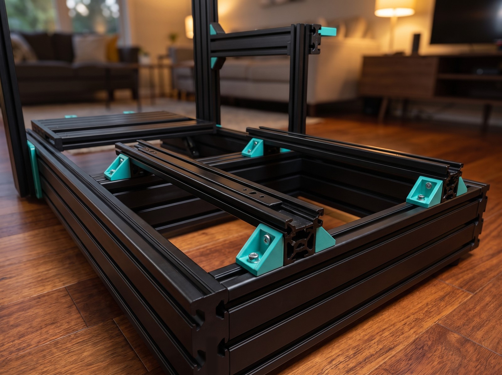 Seat sliding runner tracks bolted across the black profile seat rails of a GT Omega PRIME style rig with teal gussets, no seat fitted
