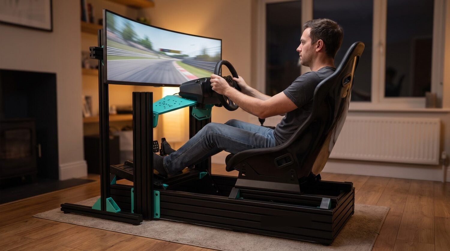 Driver mid-race on a GT Omega PRIME style aluminium profile sim rig fitted with a plain black bucket seat on side mounts