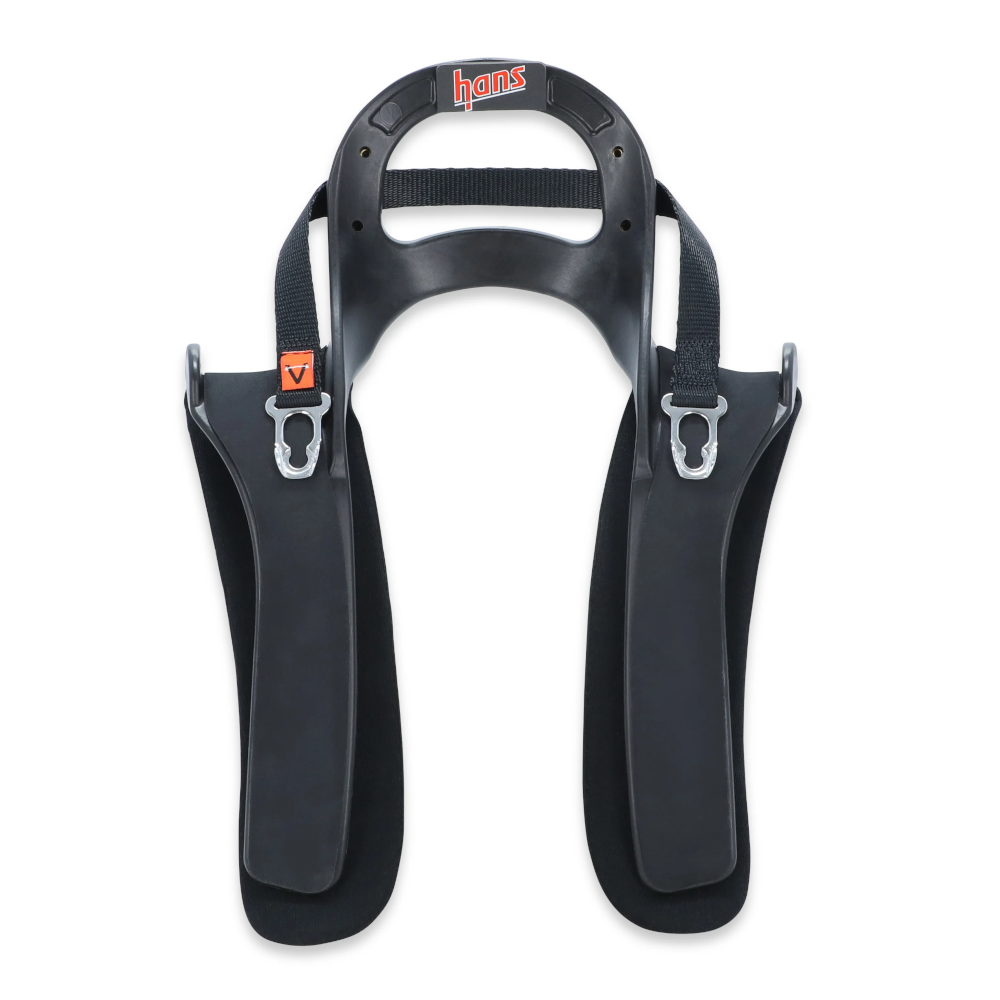 A HANS IV frontal head restraint viewed from the front, showing the collar and the two flat arms that lie along the top of each shoulder