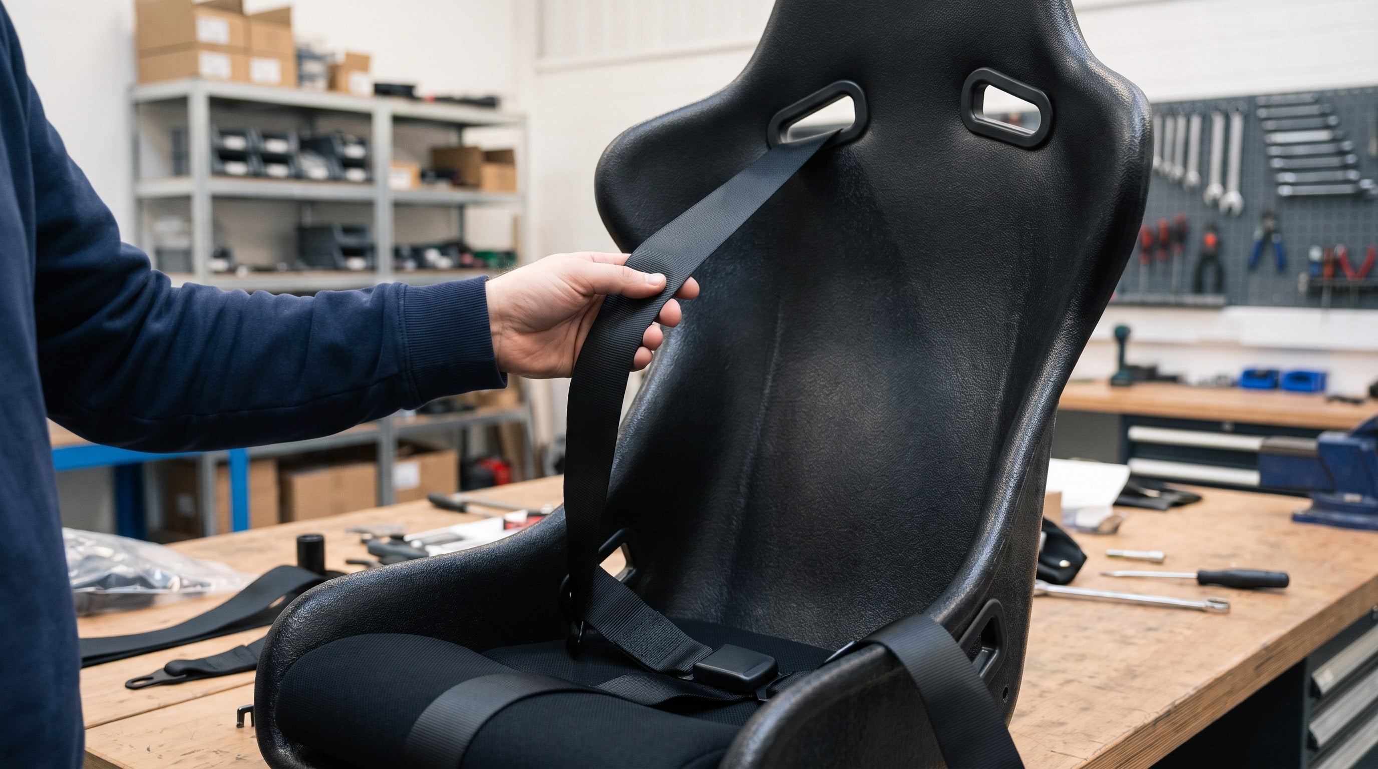A plain black racing harness threaded through the shoulder slots of a black fibreglass bucket seat on a workshop bench
