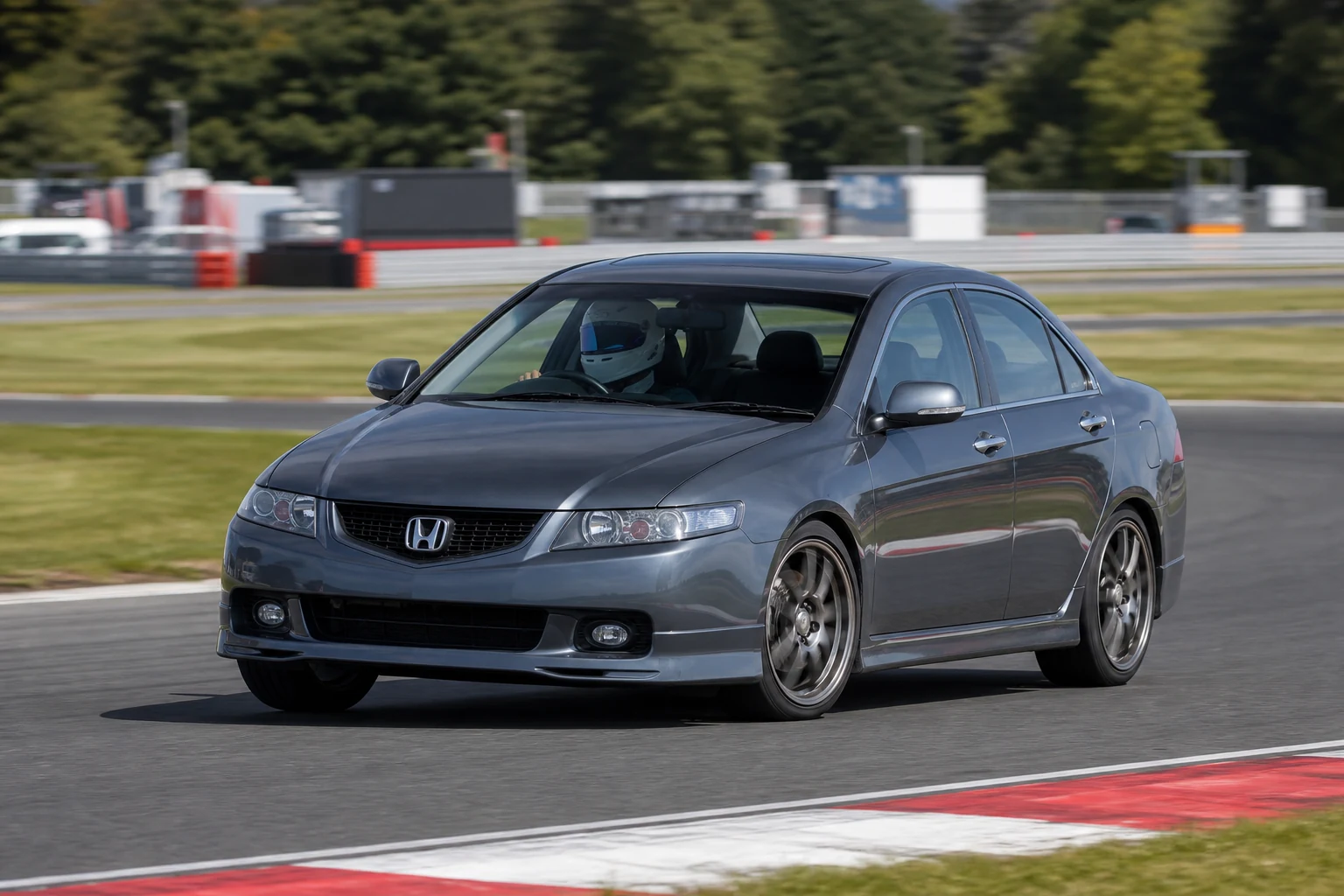 Honda Accord 7th Generation on track with a helmeted driver