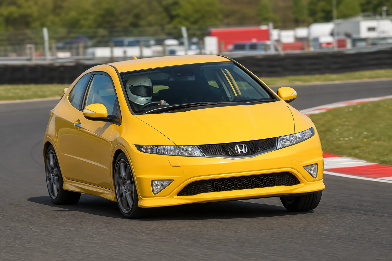 Honda Civic 9th Gen on track with a helmeted driver