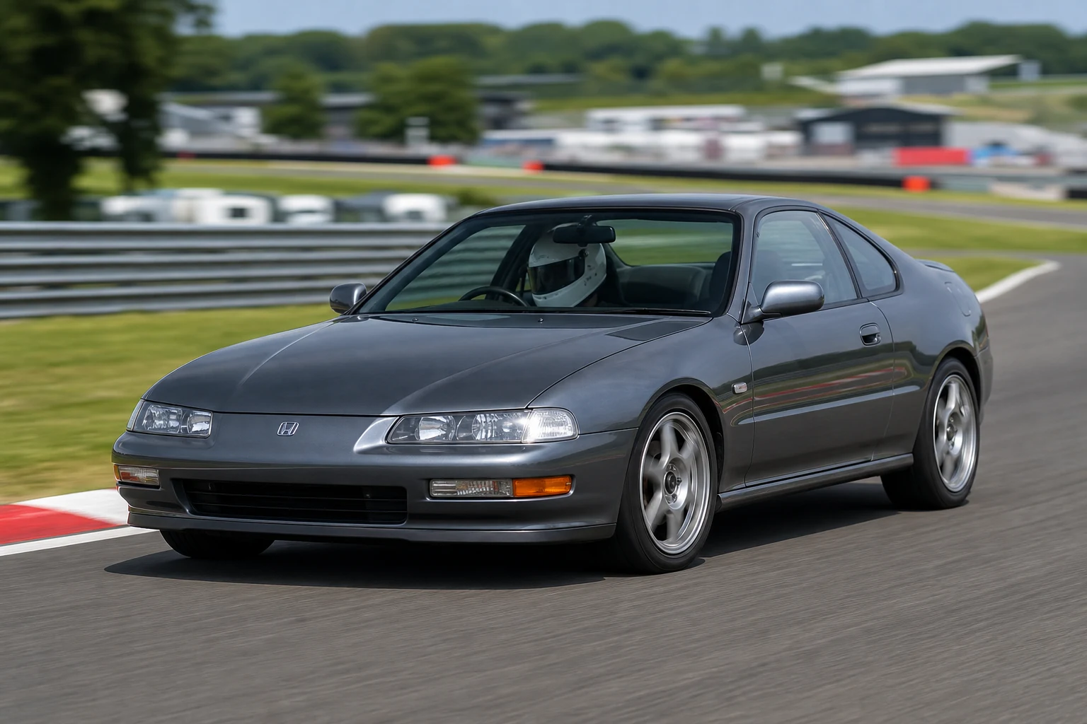 Honda Prelude on track with a helmeted driver