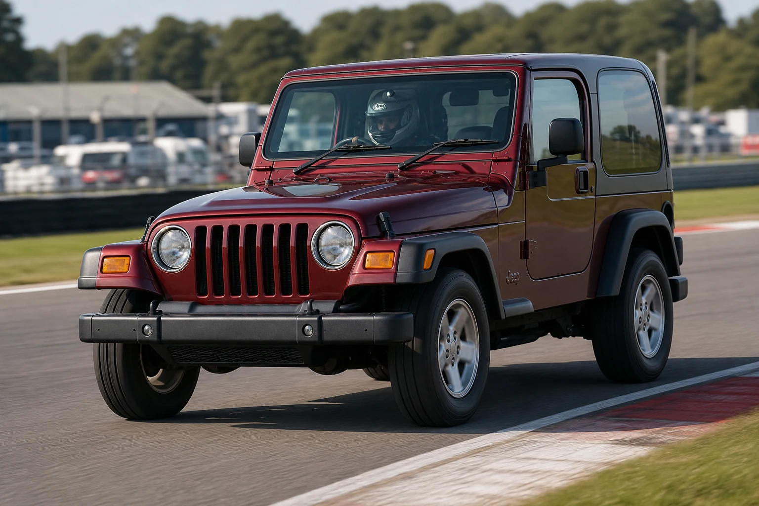 Jeep Wrangler TJ on track with a helmeted driver