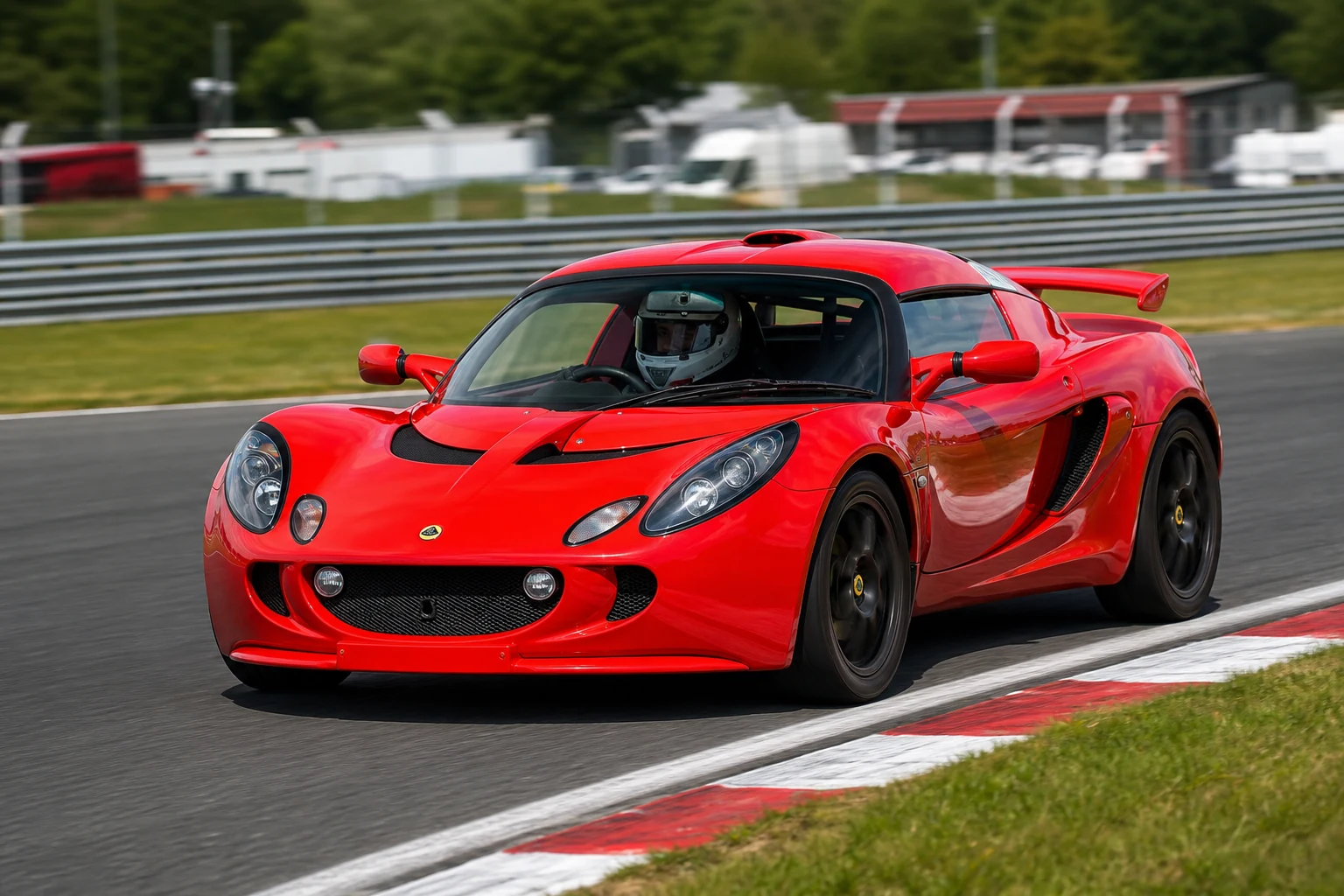 Lotus Exige on track with a helmeted driver