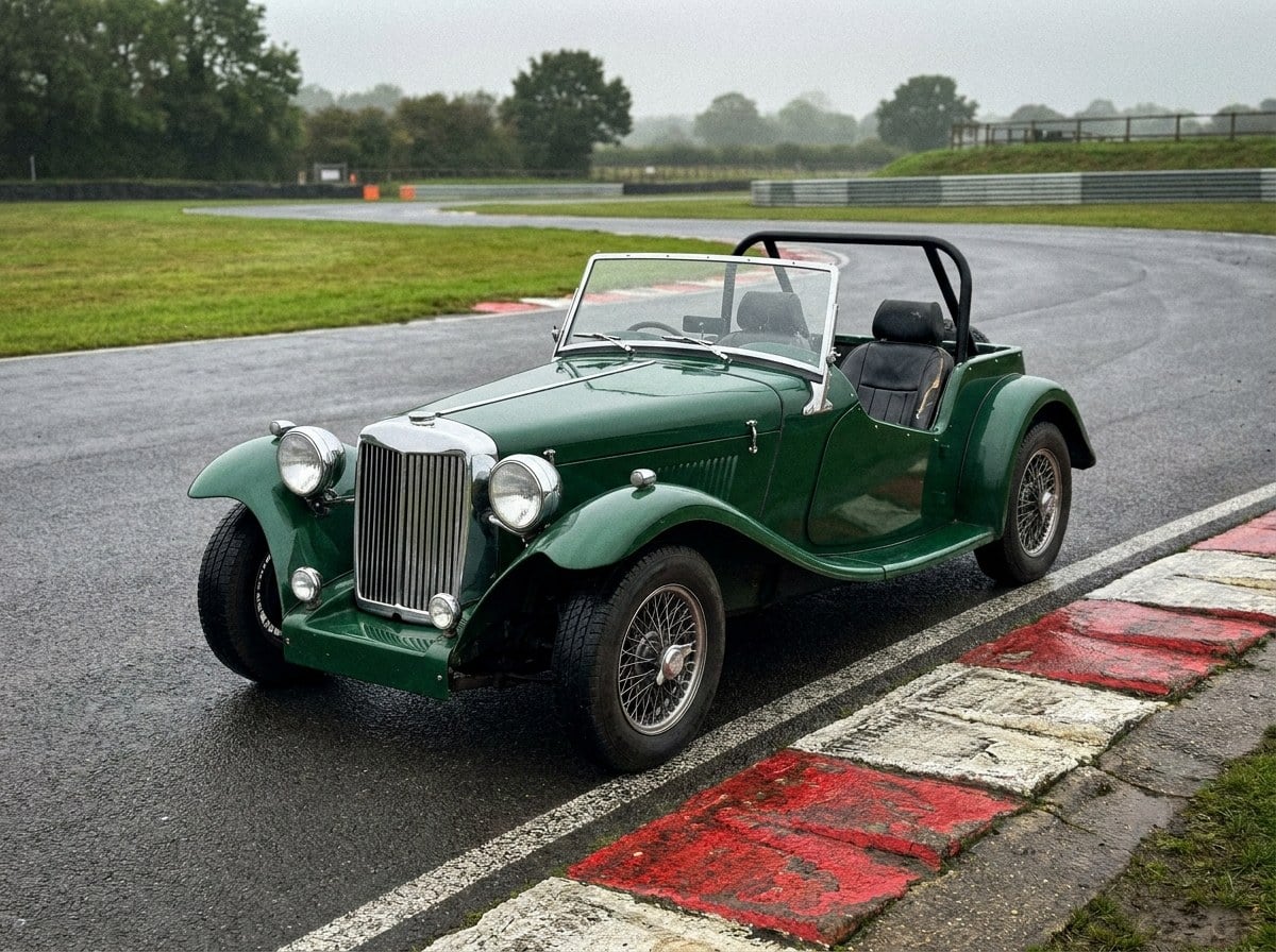 British racing green Magenta kit car on a wet British race circuit