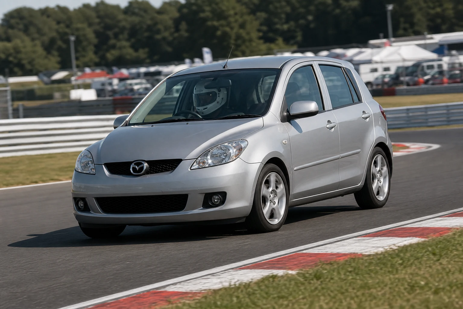Mazda 2 on track with a helmeted driver