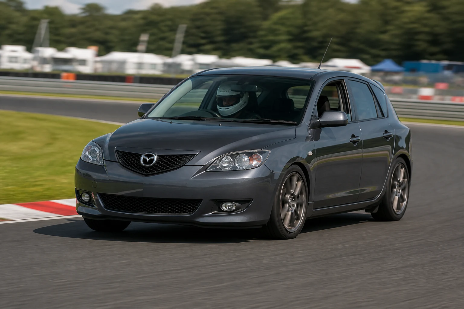 Mazda 3 Mk1 (1.6 16V) on track with a helmeted driver