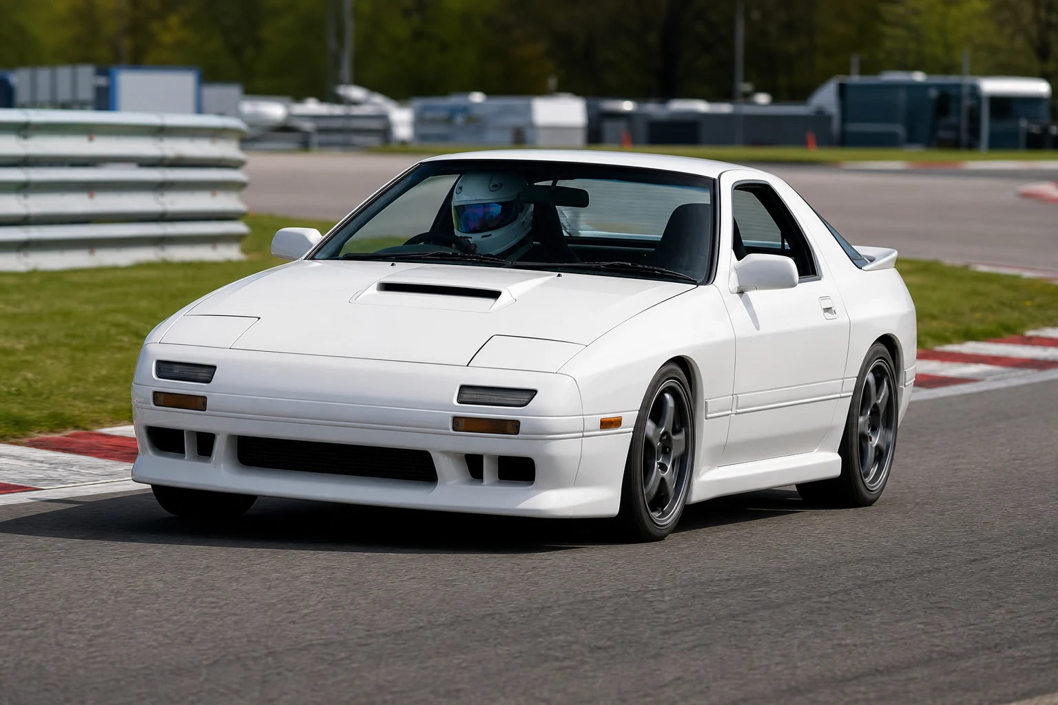 Mazda RX7 FC on track with a helmeted driver