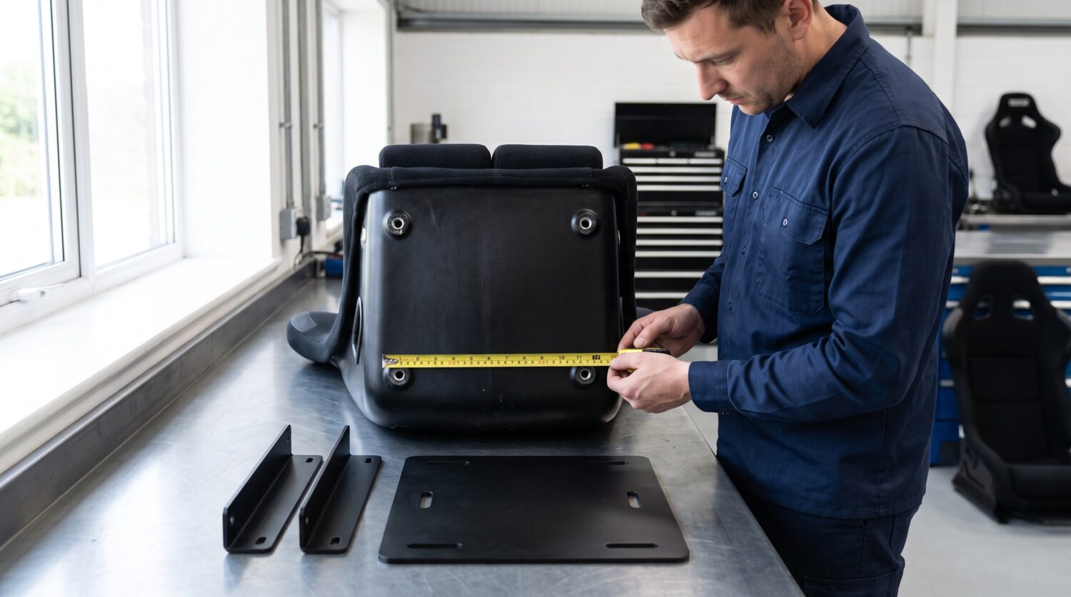 A technician measuring the distance between the mounting holes on the underside of an upturned bucket seat with a tape measure, side brackets and a slotted subframe plate on the bench
