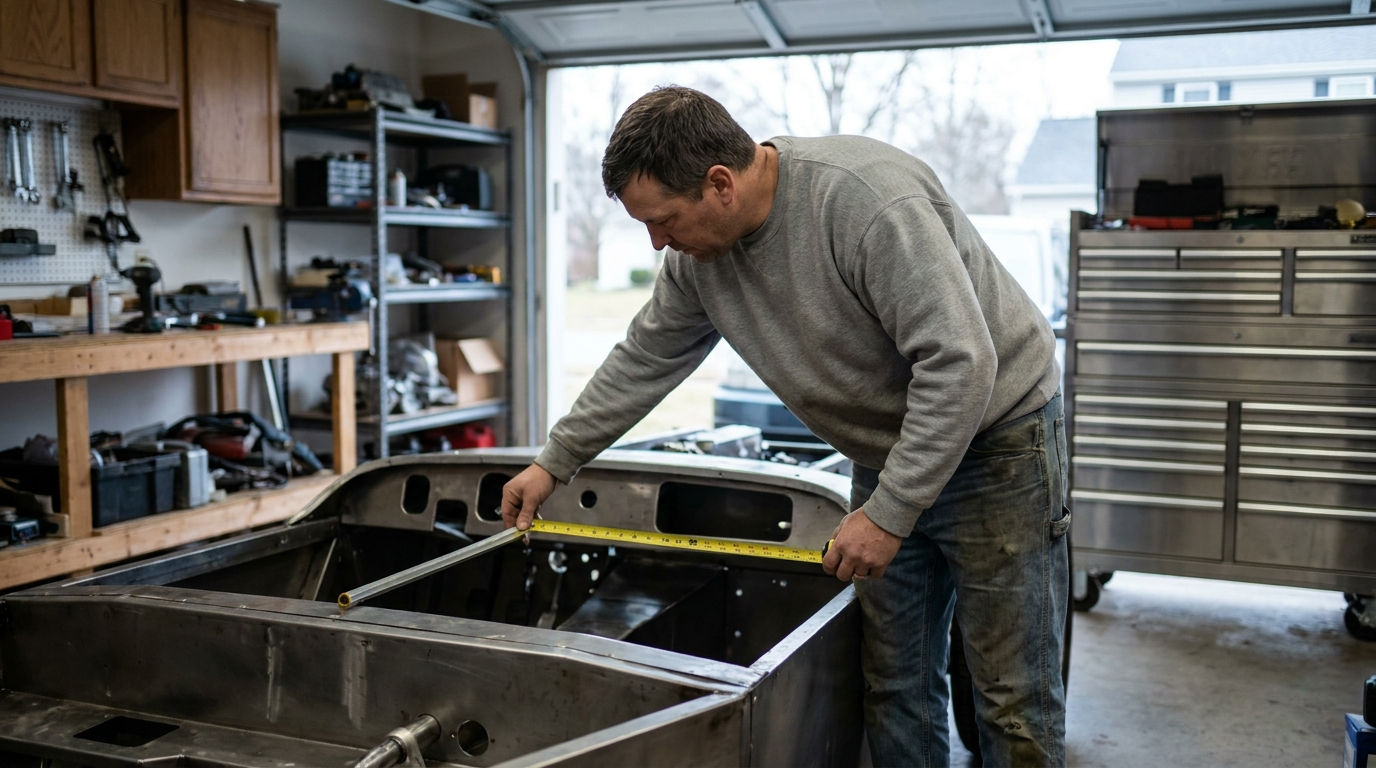A builder stretching a tape measure across the narrow cockpit opening of a partly built kit car