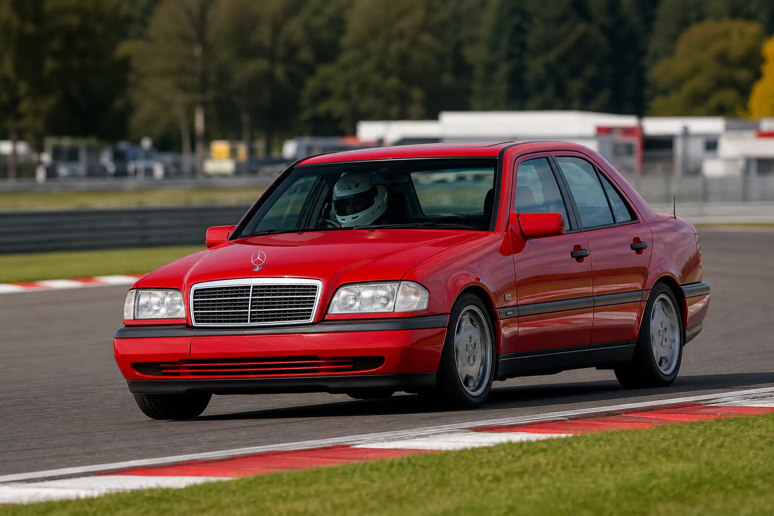 Mercedes C-Class Sedan (1994-2000) on track with a helmeted driver