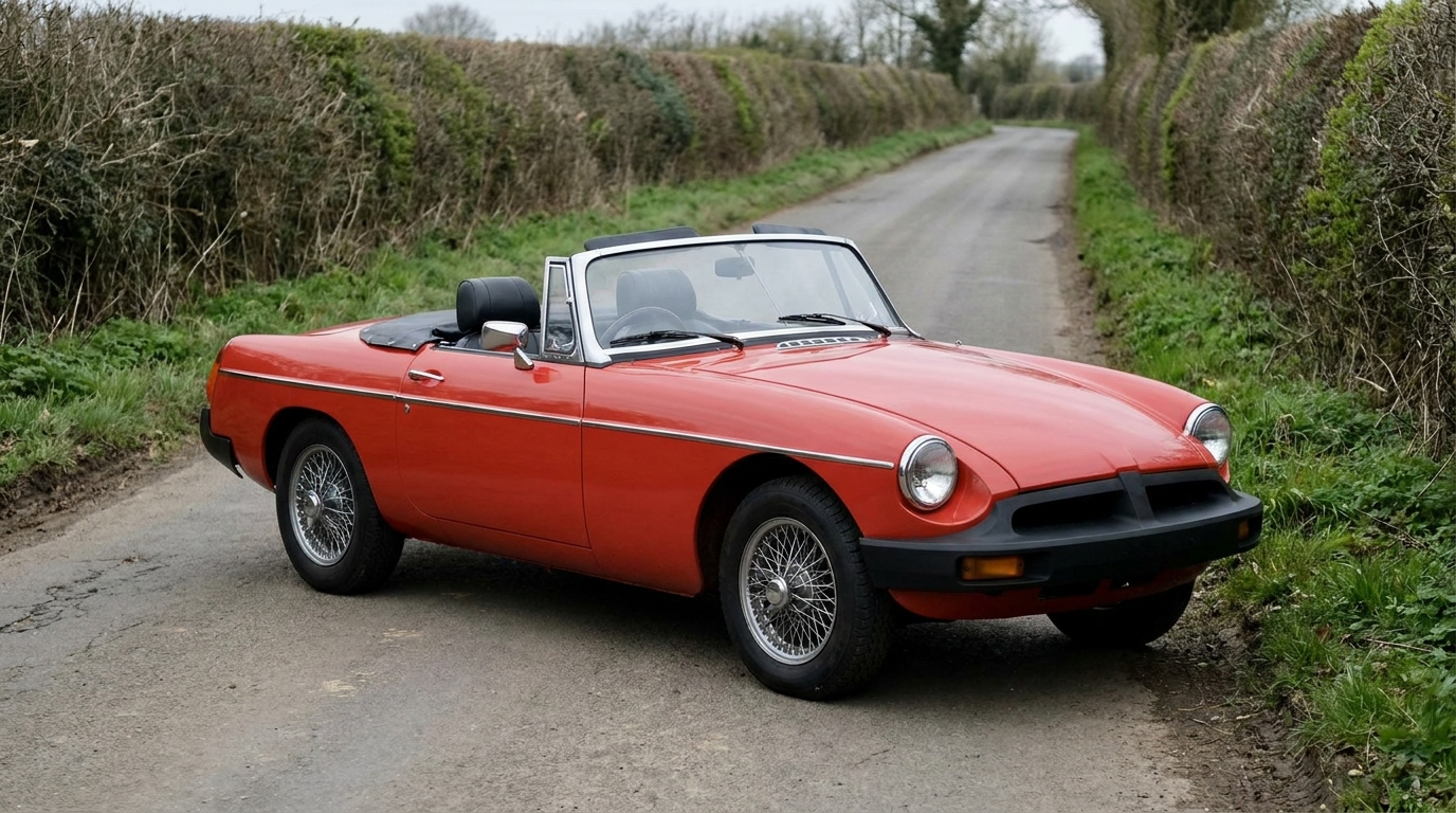 A red rubber bumper MGB Roadster with the hood down parked on a narrow British country lane
