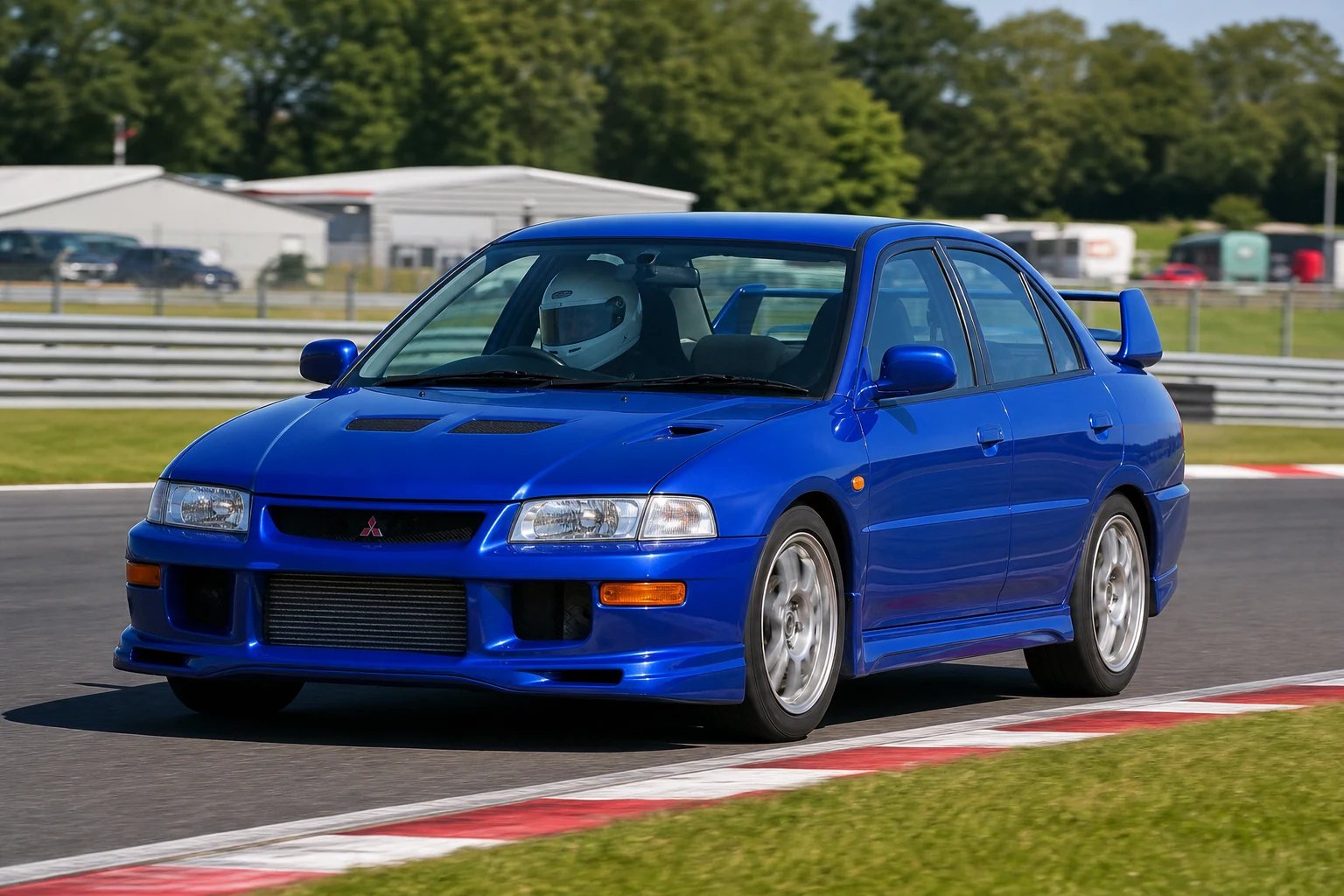 Mitsubishi Evo IV on track with a helmeted driver