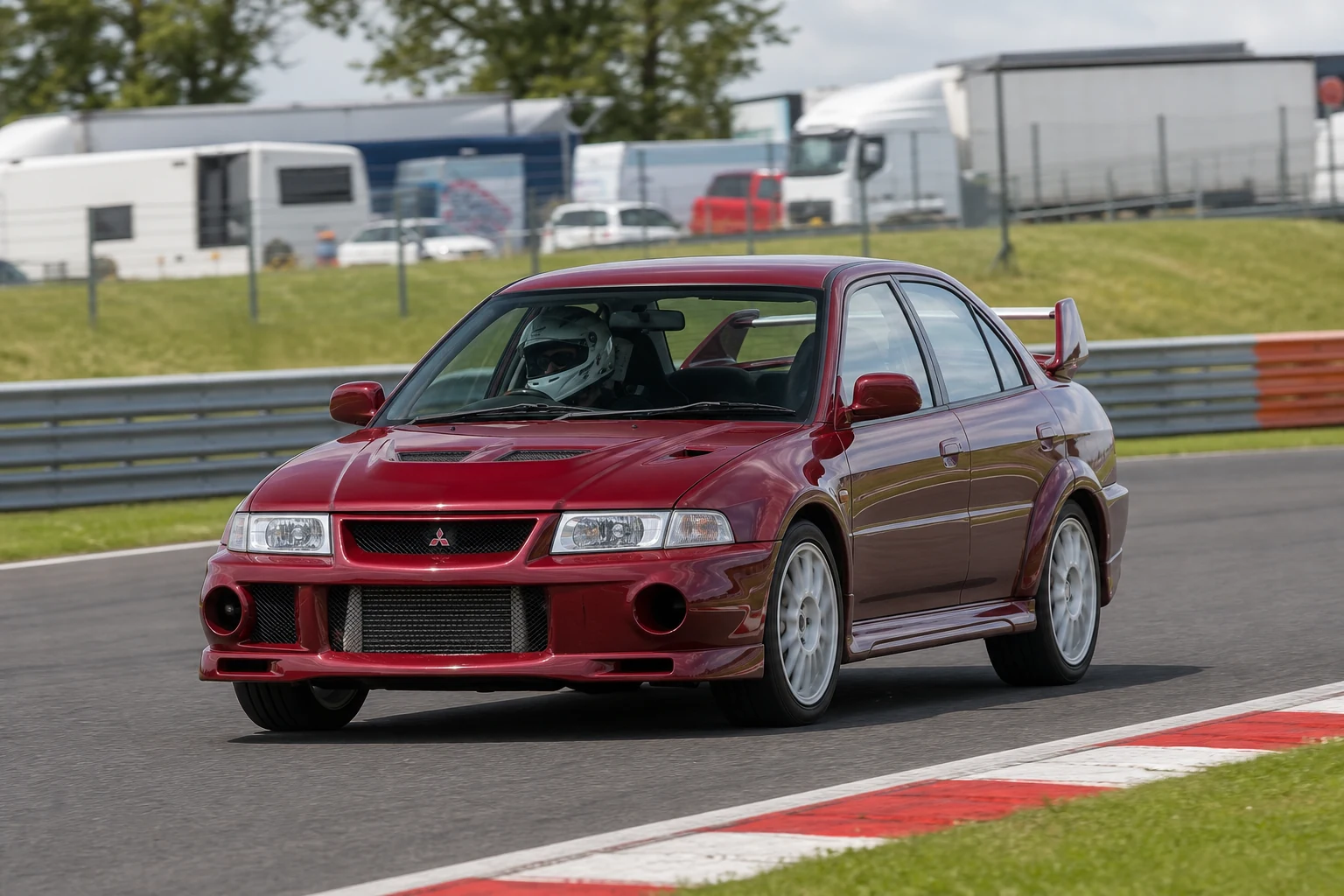 Mitsubishi Evo V on track with a helmeted driver