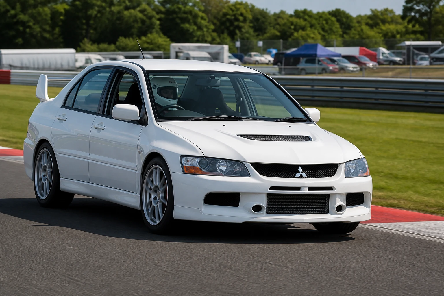 Mitsubishi Evo VIII on track with a helmeted driver