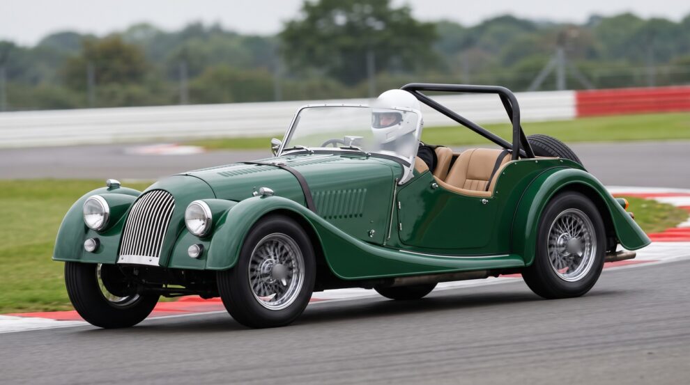 A British Racing Green Morgan 4/4 two seater with a rear roll bar fitted, cornering on a UK race circuit