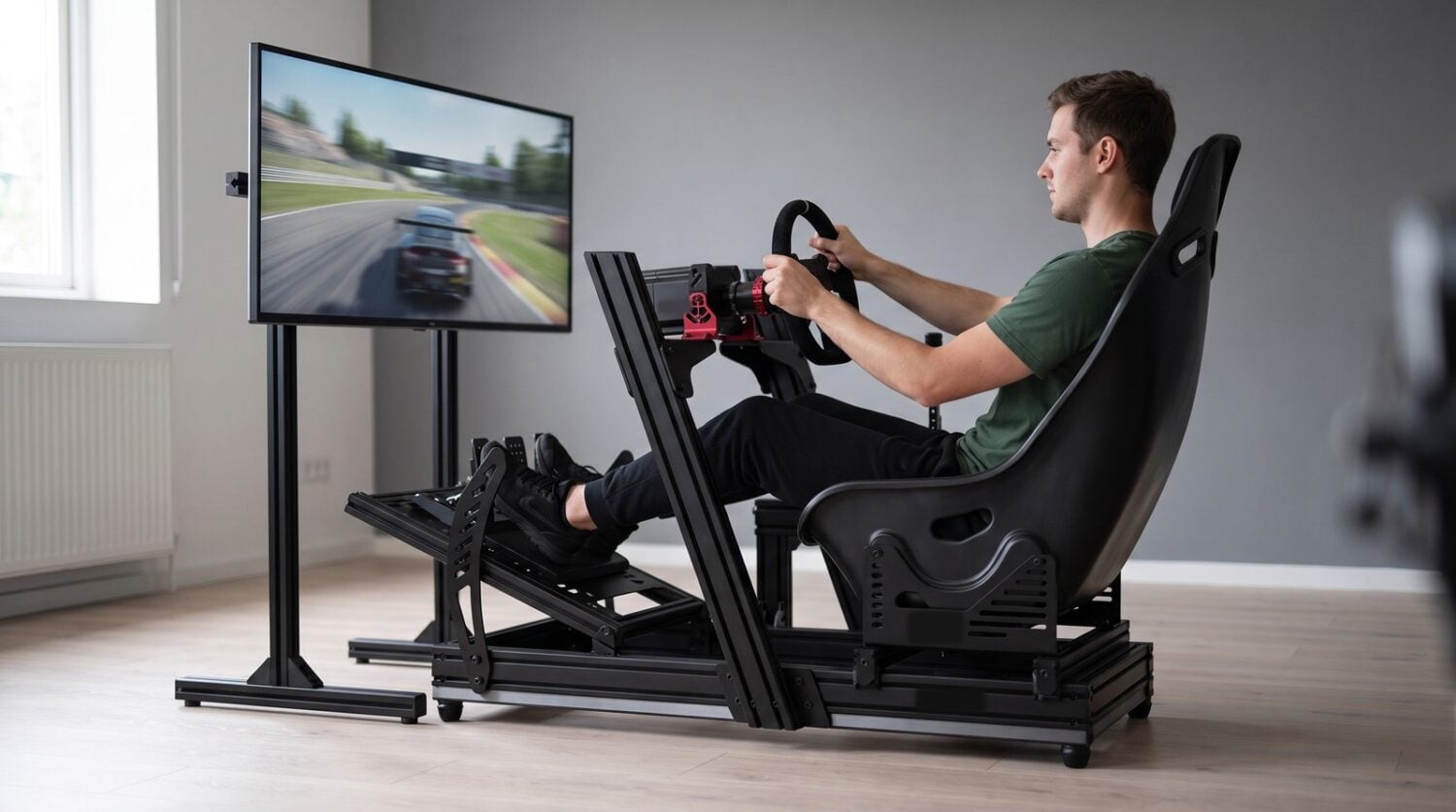 Driver mid-race on a Next Level Racing F-GT Elite style aluminium profile sim rig with angled uprights, plain black bucket seat on tall slotted side brackets
